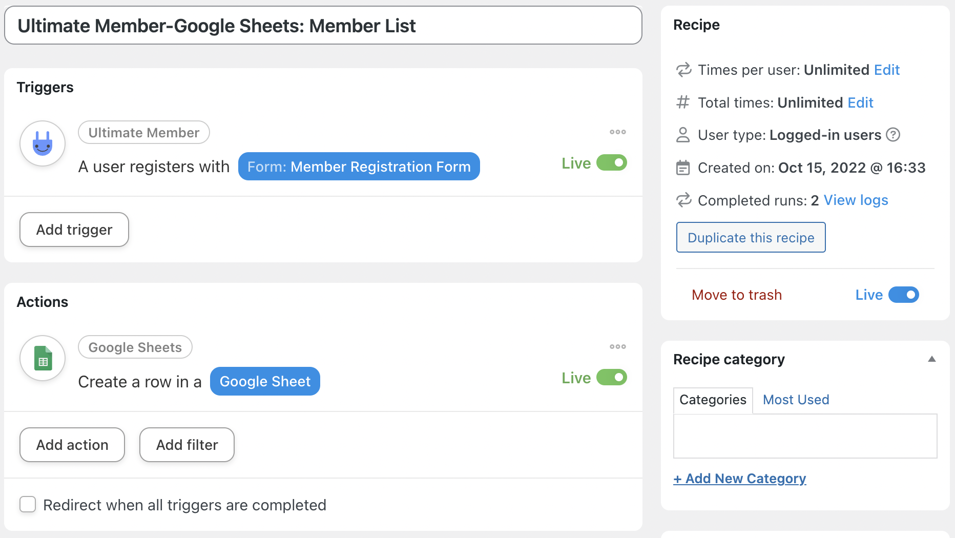 Automator Ultimate Member Google Sheets Recipe Live