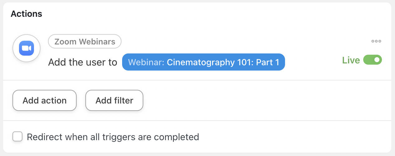 Automator Zoom Webinars Action Add the user to a webinar Live