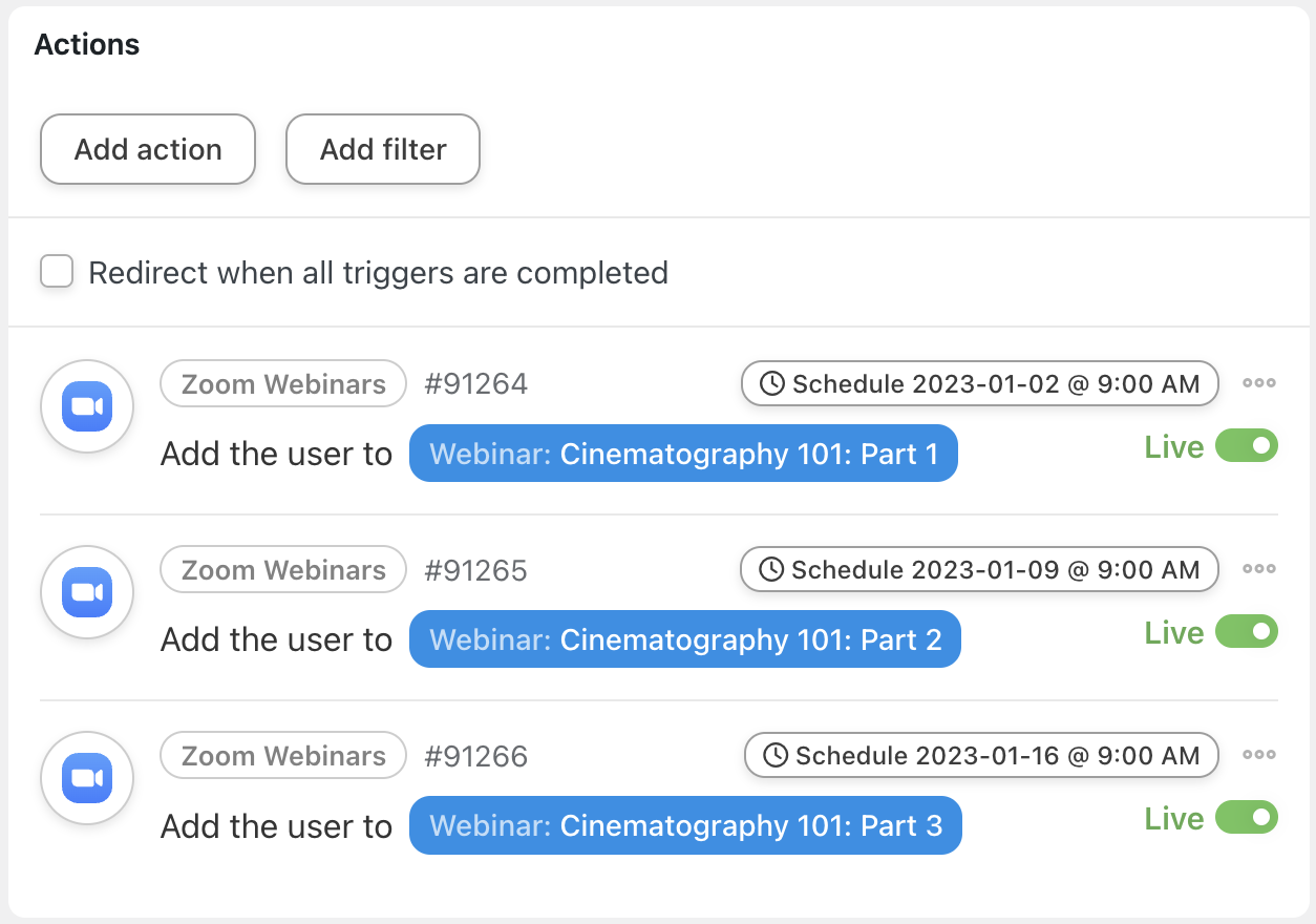 Automator Zoom Webinars Multiple Actions Add the user to a webinar