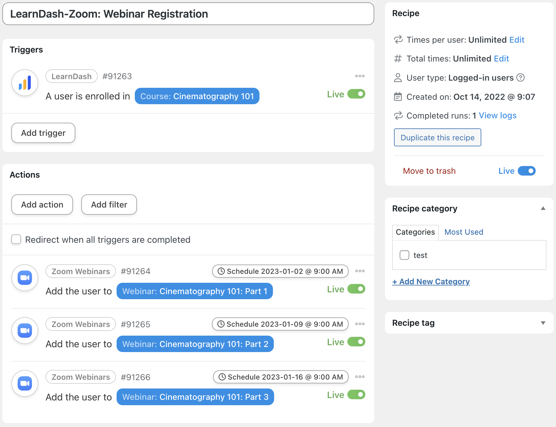 Automator LearnDash Zoom Webinars Recipe Live