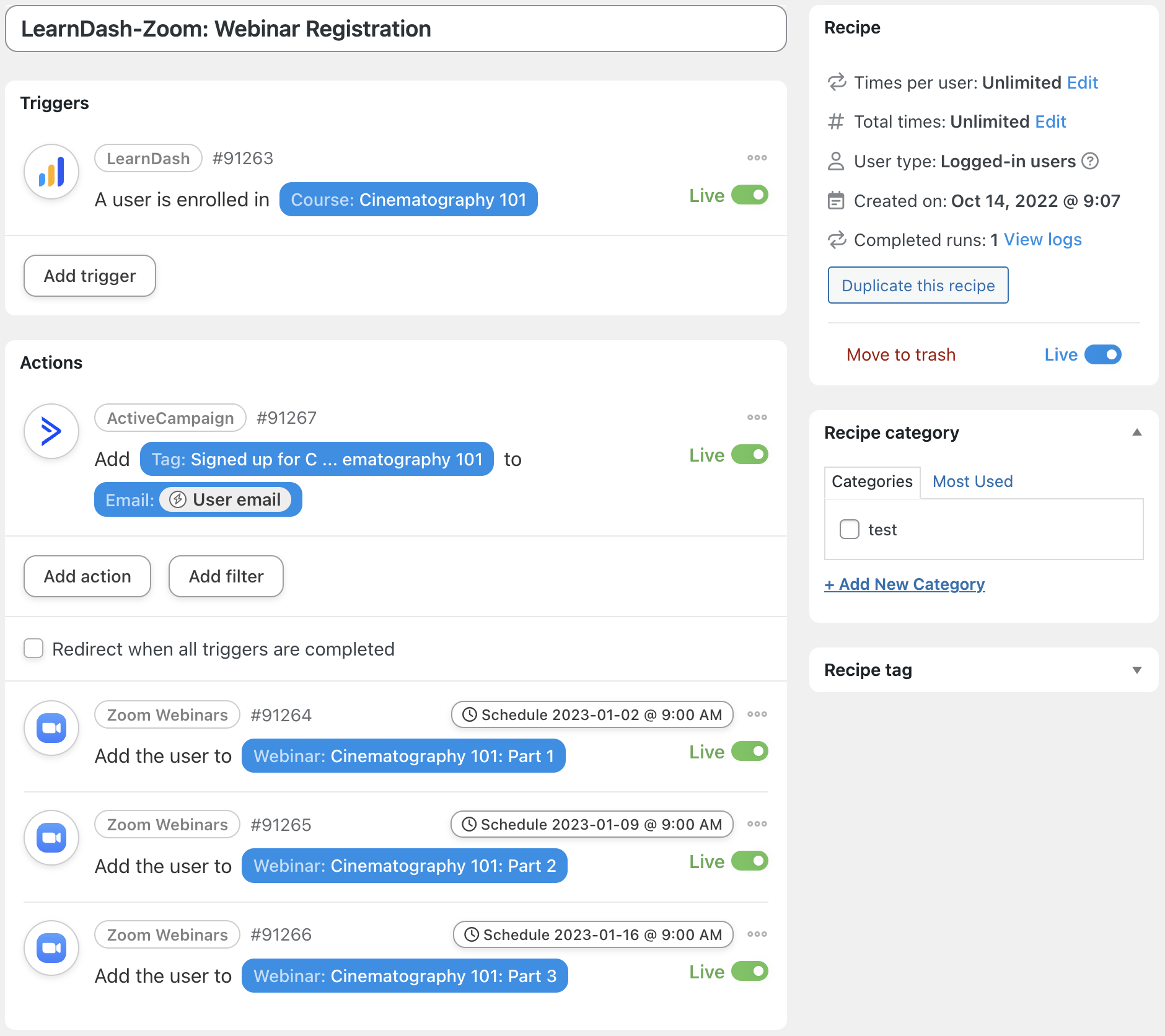 Automator LearnDash Zoom Webinars ActiveCampaign Recipe Live
