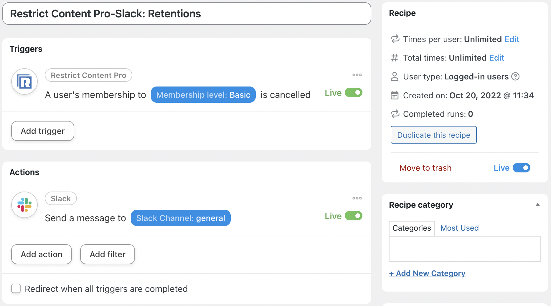 Automator Restrict Content Pro Slack Recipe Live