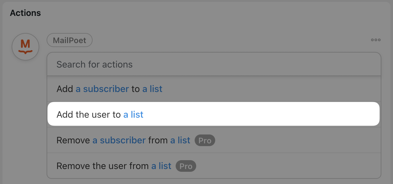 Automator MailPoet Action Add the user to a list