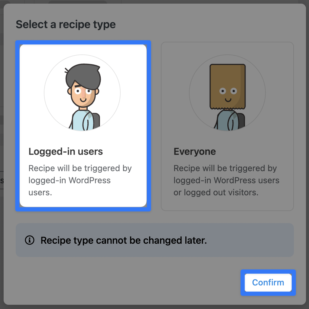 Automator Recipe type selector Logged-in users
