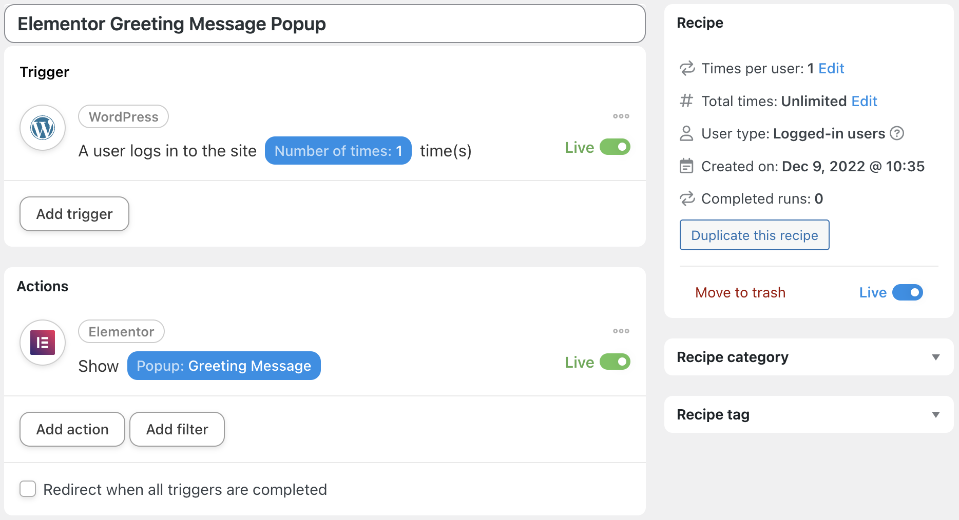 Automator Elementor Greeting Message Popup Recipe