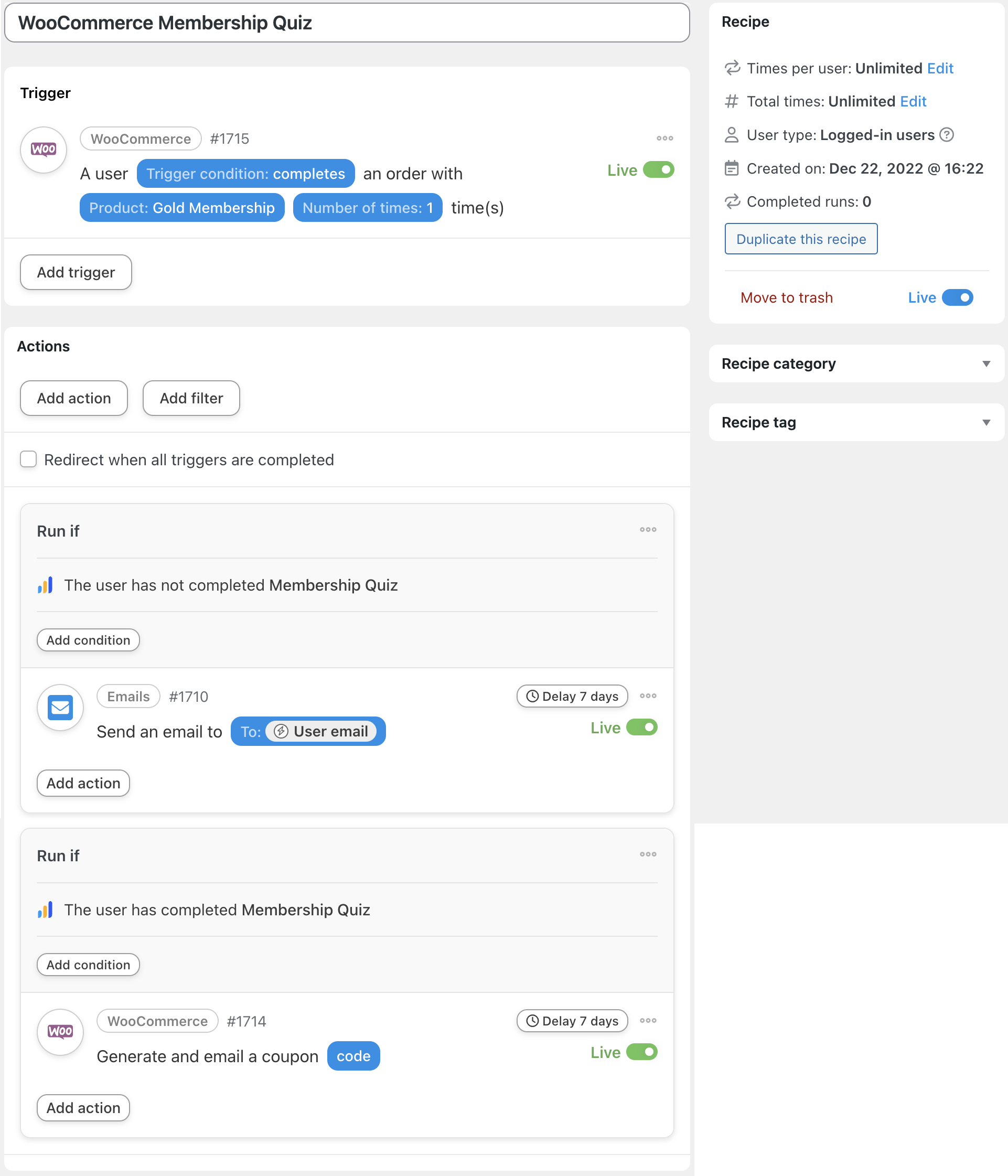 Automator WooCommerce Membership Quiz Recipe