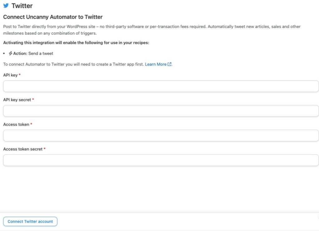 Custom Twitter app settings