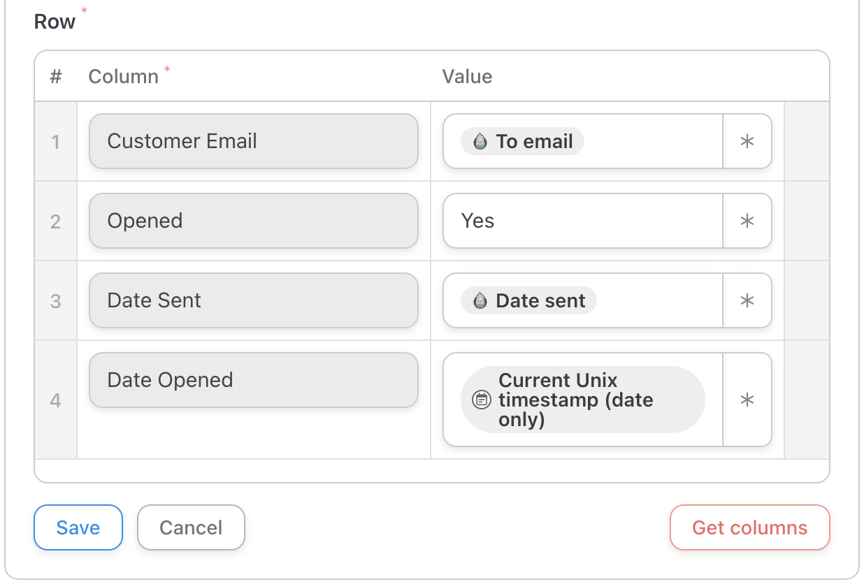 Automator Google Sheets Column Value Fields