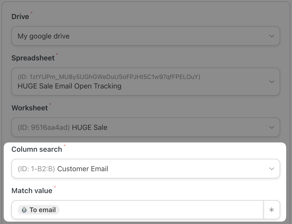 Automator Google Sheets Action Update a row in a Google Sheet Column Search and Match Value