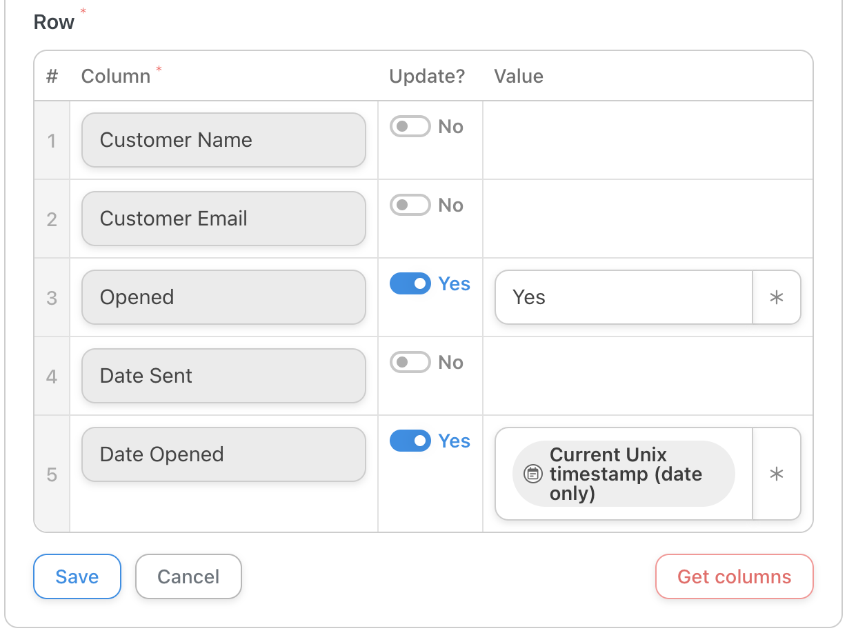 Automator Google Sheets Action Update a row in a Google Sheet Values to Update