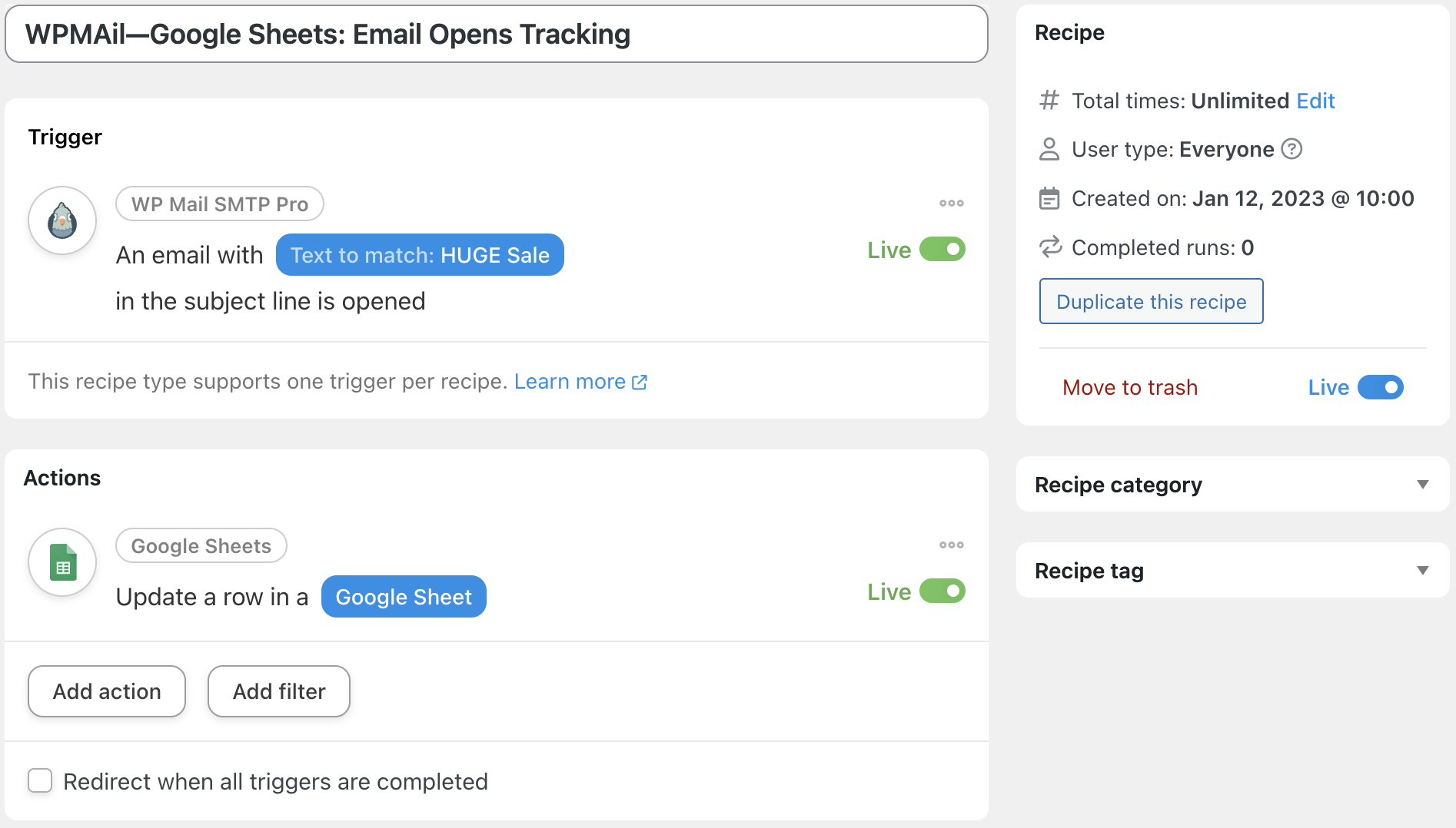 WPMail Google Sheets Track Email Opens Recipe Live