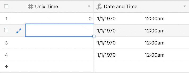 Airtable database with "Unix Time" and "Date and Time" fields. The user is testing a formula to convert Unix timestamps to dates.
