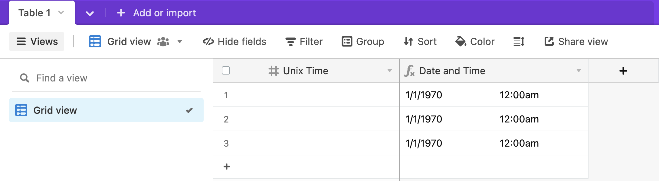 Airtable database with "Unix Time" and "Date and Time" fields, configured to convert Unix timestamps to dates.