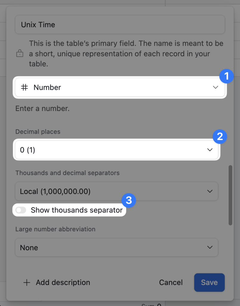 A settings panel in Airtable for a field labeled "Unix Time". The user has selected a “Number” field with no decimals or thousands separator to match Unix timestamp formatting