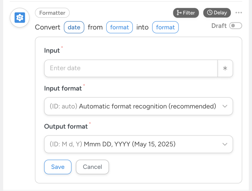 Formatter integration in Uncanny Automator set to convert a date from an automatically recognized format into the format “Mmm DD, YYYY” (e.g., May 15, 2025). The action is in draft mode.