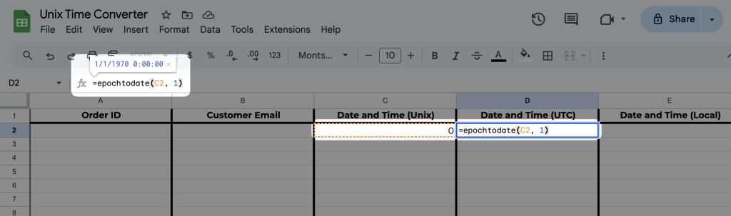 A Google Sheets worksheet shows a formula being entered in cell D2: =epochtodate(C2, 1), which converts a Unix timestamp in cell C2 to a human-readable date.