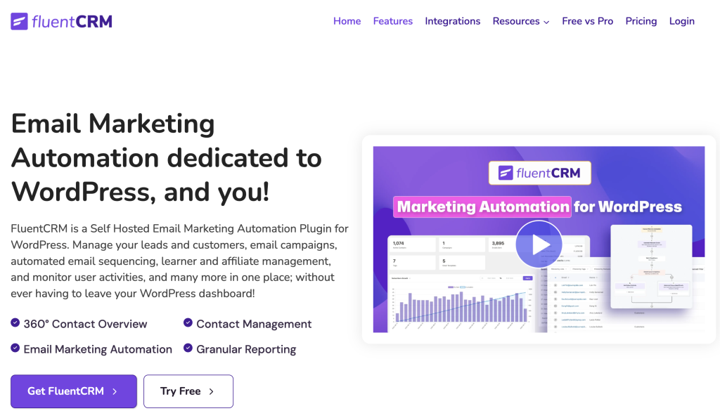 FluentCRM homepage featuring "Email Marketing Automation dedicated to WordPress" headline with dashboard analytics mockup showing contact management, reporting charts, and automation workflows.