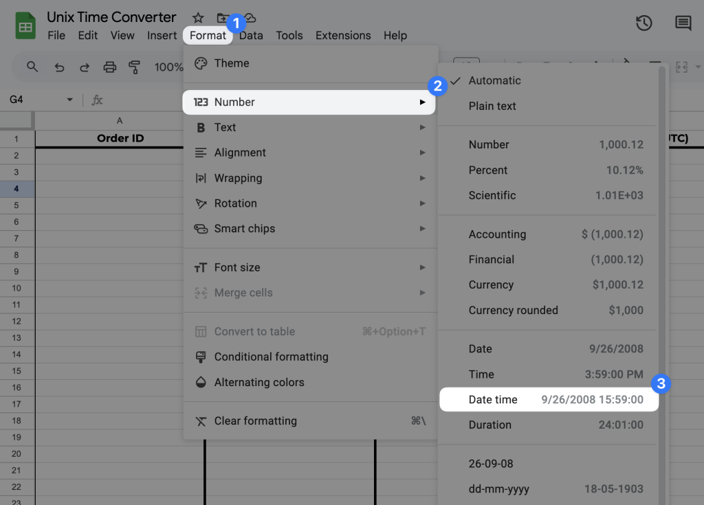 A Google Sheets worksheet with the "Format" menu open. The user is selecting Format > Number > Date time to apply number formatting.