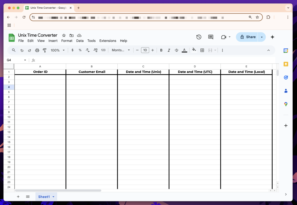 Google Sheets worksheet titled "Unix Time Converter" with five columns: Order ID, Customer Email, Date and Time (Unix), Date and Time (UTC), and Date and Time (Local).