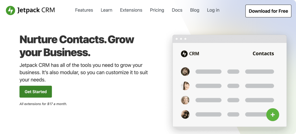 Jetpack CRM homepage featuring "Nurture Contacts. Grow your Business" headline with contacts dashboard mockup showing contact profiles and green "Get Started" button.
