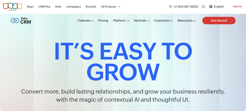 Zoho CRM homepage featuring "IT'S EASY TO GROW" headline with tagline about converting more and building lasting relationships using contextual AI and thoughtful UI for WordPress business growth.