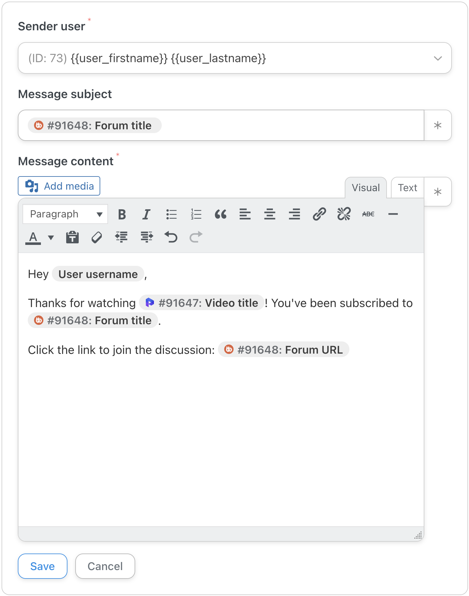 Automator Presto Player Buddy Action Send a private message to the user Editor