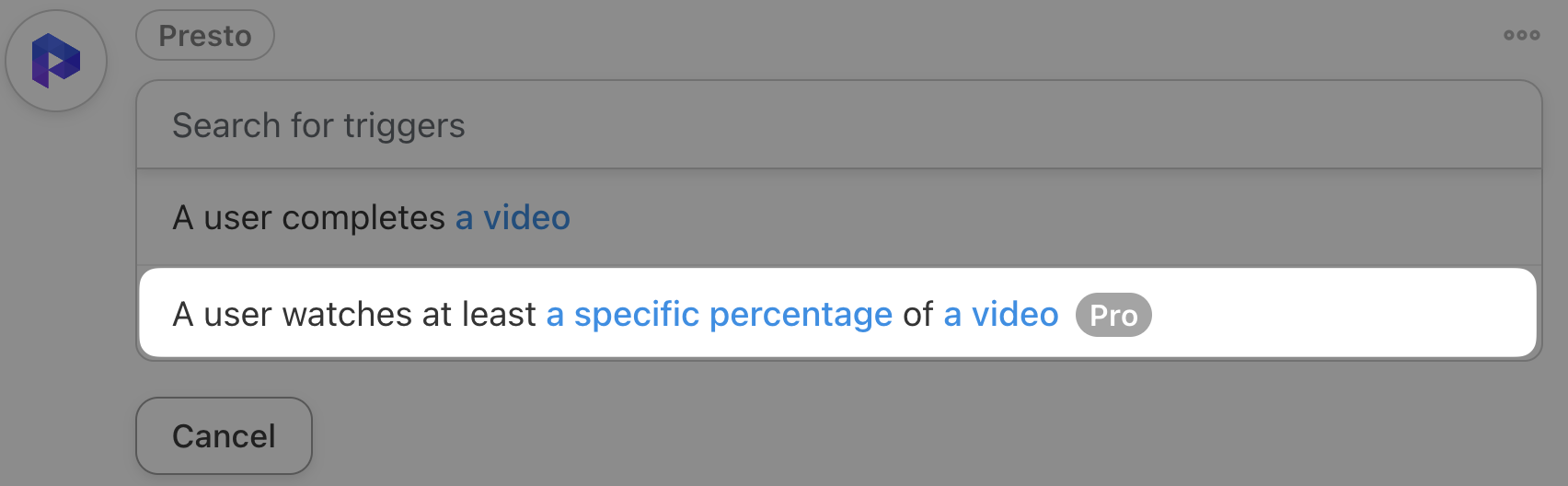 Automator Presto Player A user watches at least a specific percentage of a video Trigger