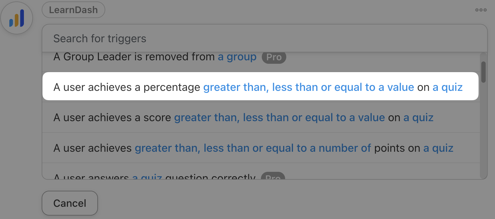 Automator LearnDash Trigger A user achieves a percentage...