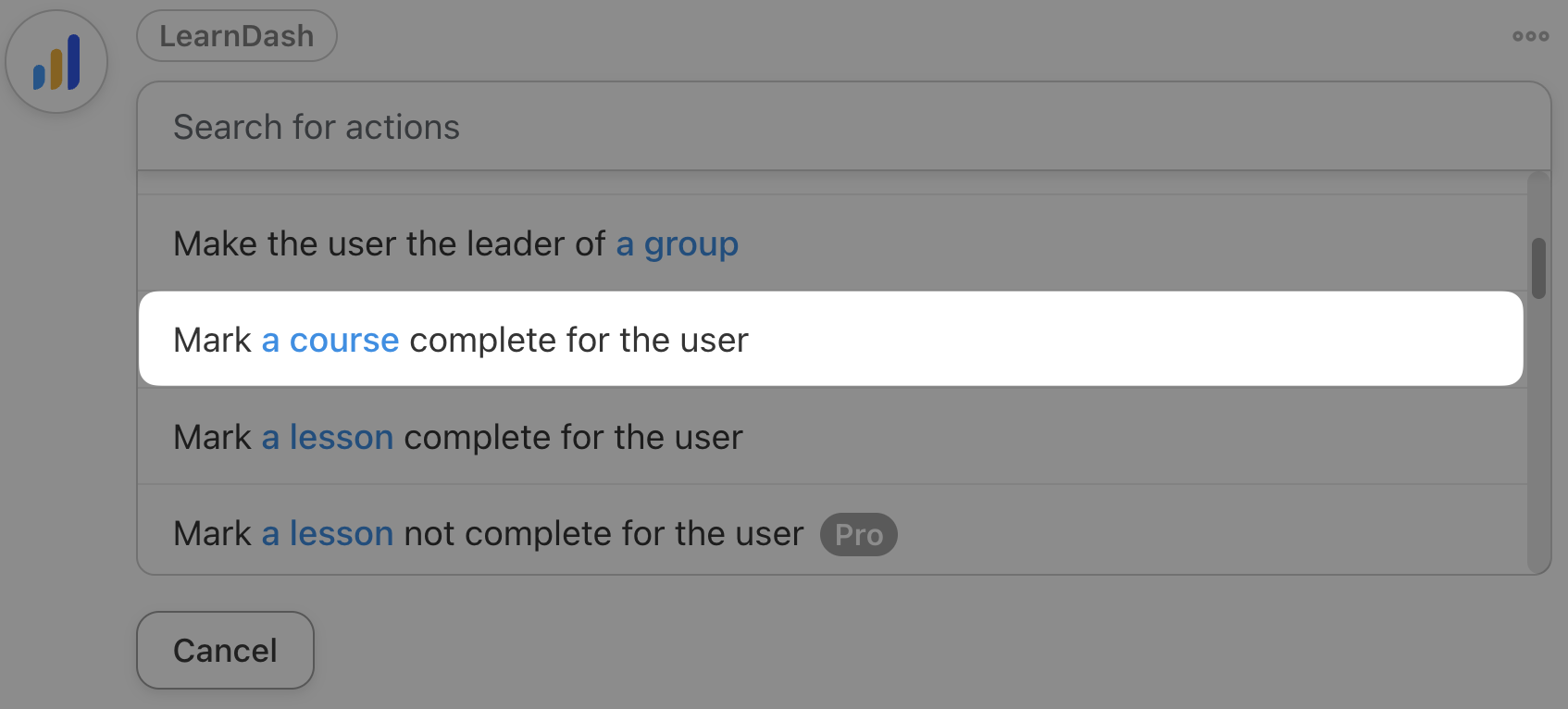 Automator LearnDash Action Mark a course complete for the user