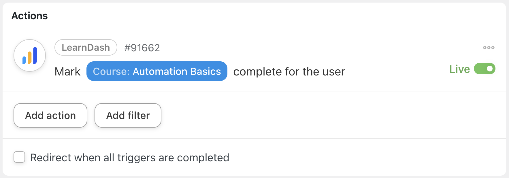 Automator LearnDash Action Mark a course complete for the user Live