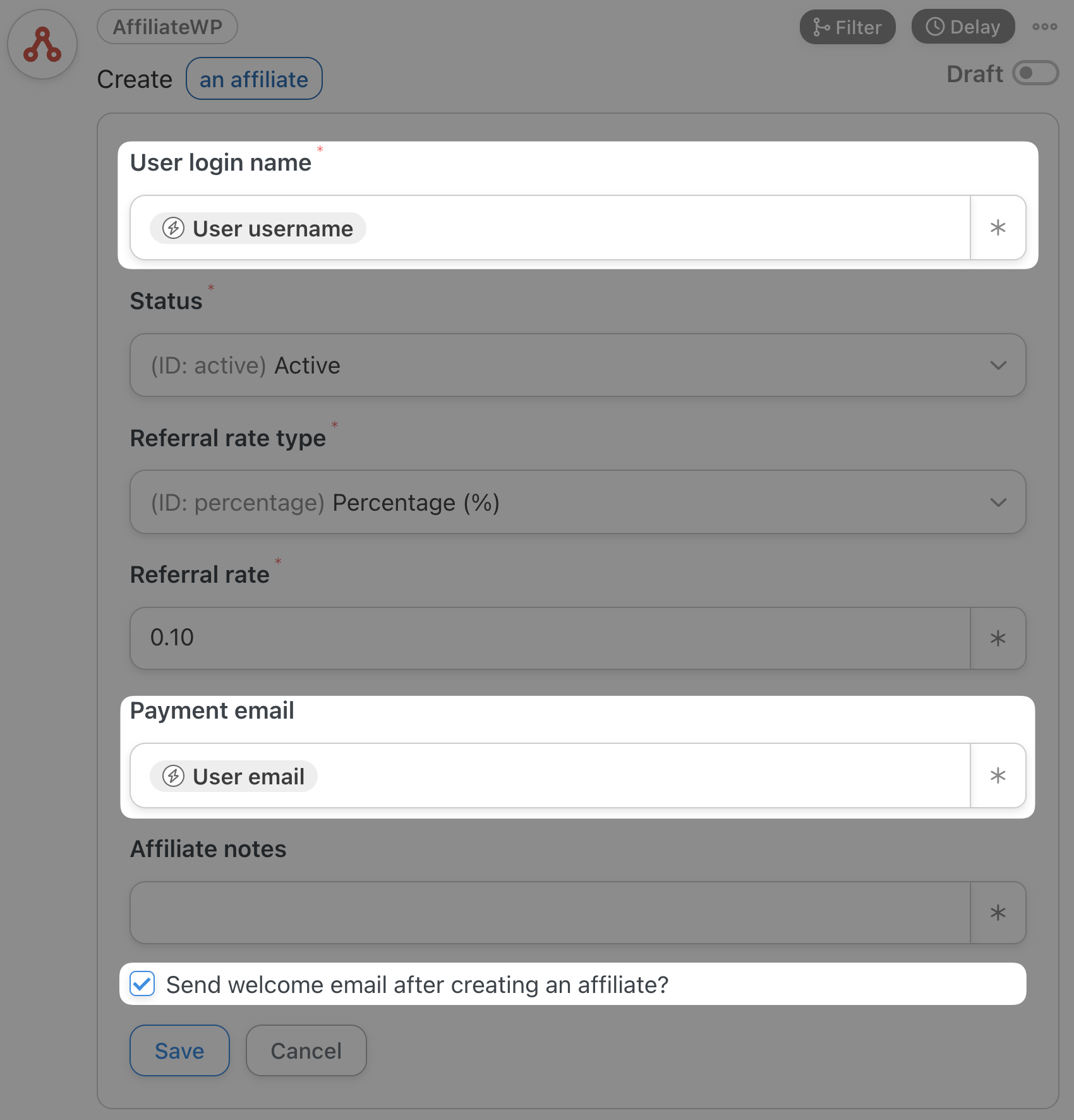 Uncanny Automator Affiliate WP Actions Create an affiliate Tokens and Fields