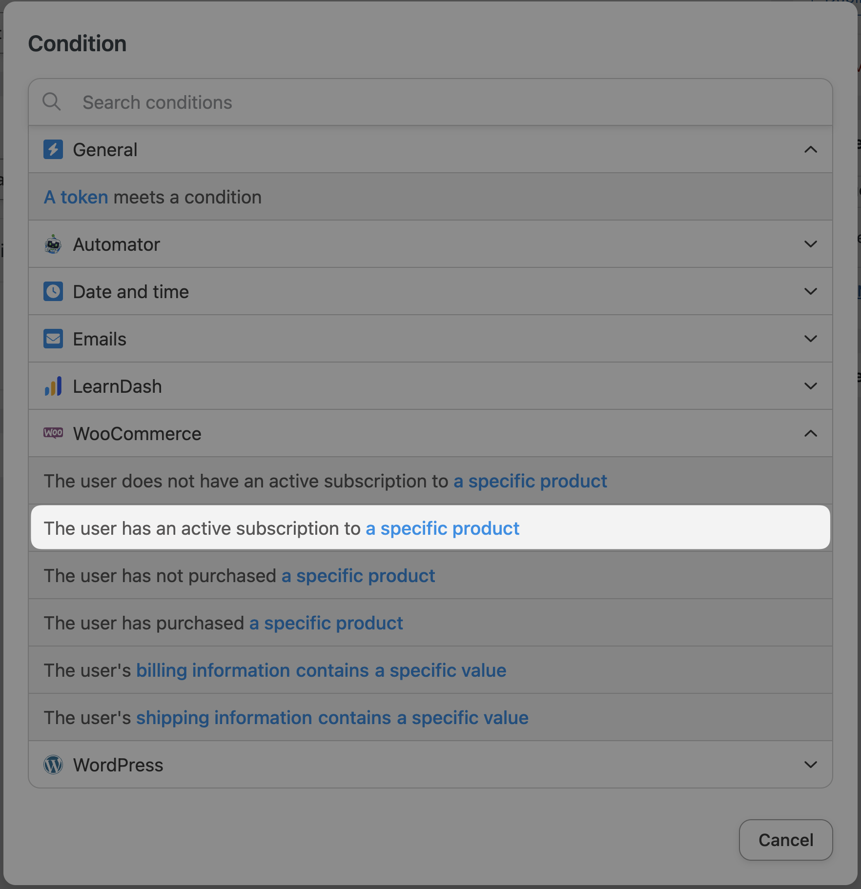 Uncanny Automator Filter WooCommerce The user has an active subscription to a specific product