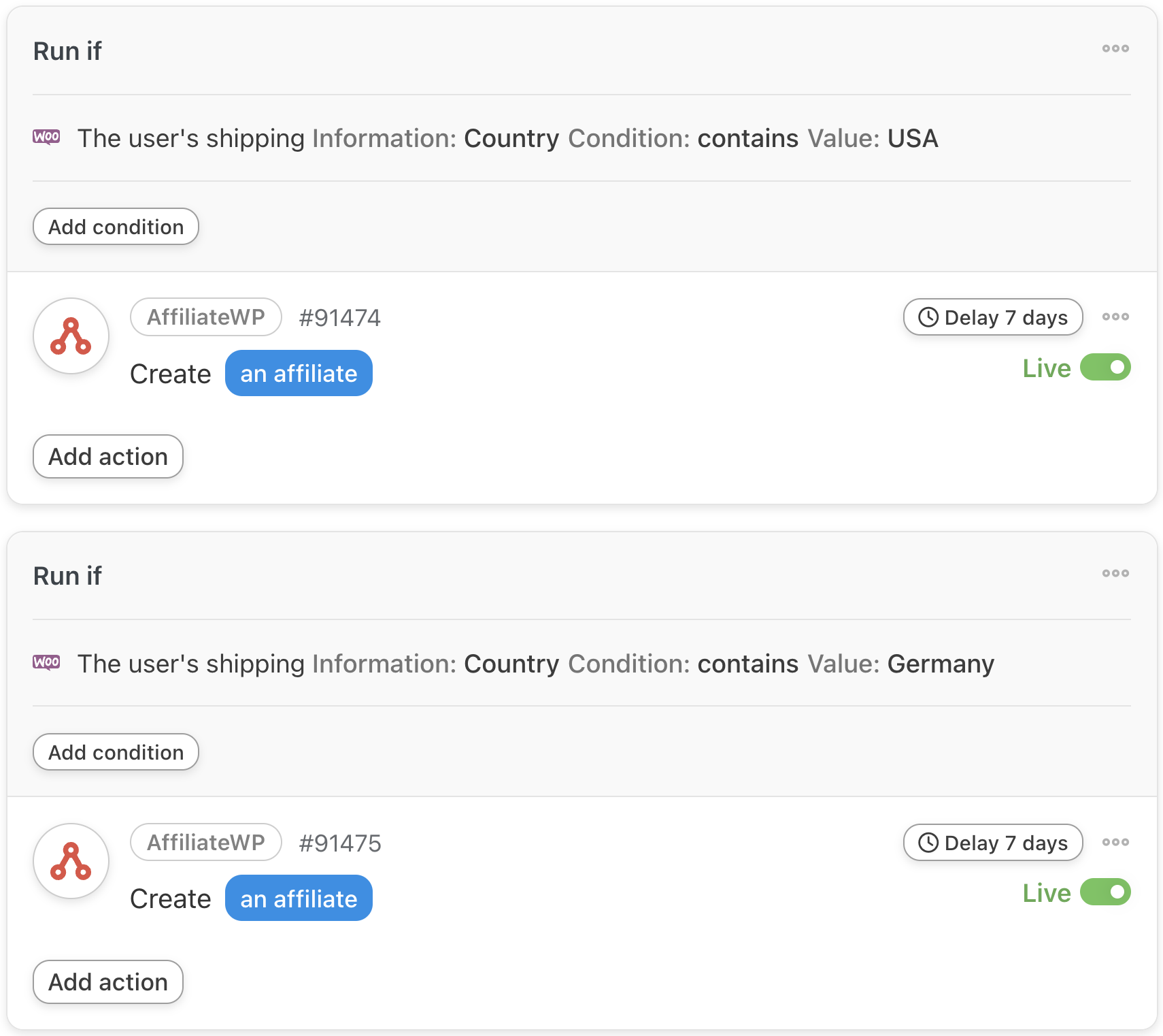 Uncanny Automator Affiliate WP Create an affiliate Country filters
