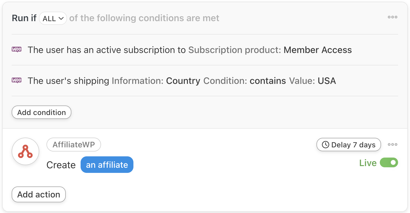 How to Automate Your Affiliate Marketing Program in WordPress Uncanny Automator Affiliate WP Create an affiliate Country and WooCommerce filters with Delay