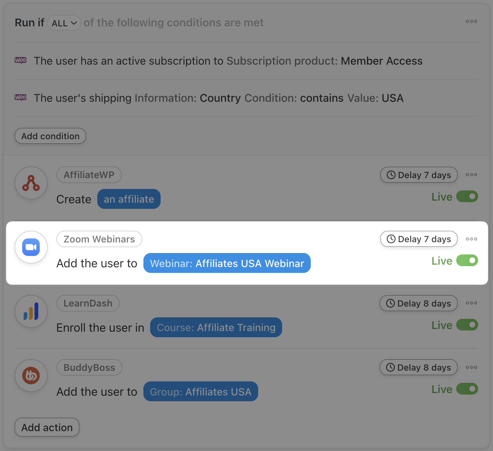 How to Automate Your Affiliate Marketing Program in WordPress Uncanny Automator Zoom Webinars Action Add the user to a webinar
