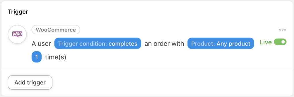Uncanny Automator WooCommerce Trigger A user completes, pays for, lands on a thank you page for an order with a product Live