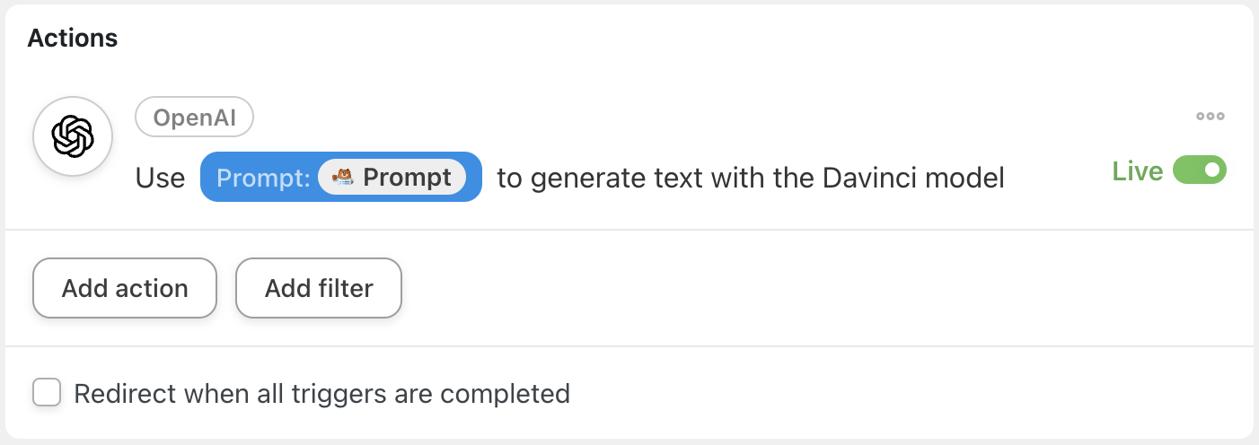 Automator OpenAI Action Use prompt to generate text with the Davinci Model Live