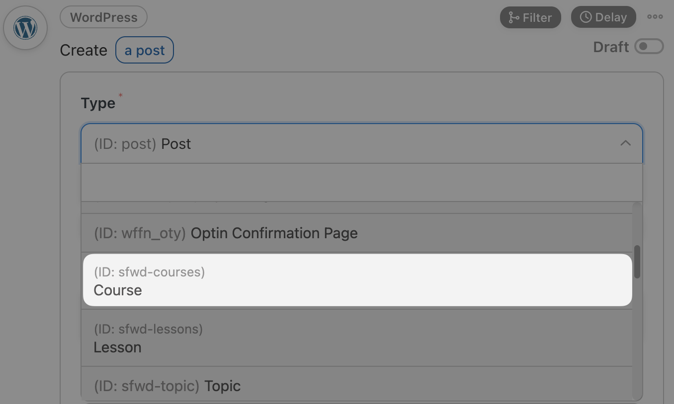 Automator WordPress Action Create a post Type Course