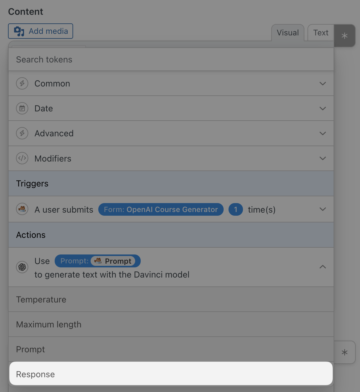Automator OpenAI Tokens Response