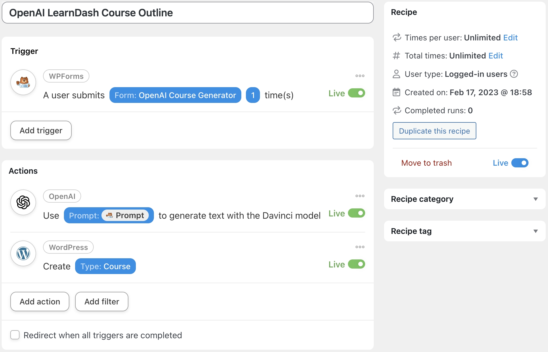 Using OpenAI and ChatGPT Models with LearnDash Automator OpenAI LearnDash Course Outline Recipe
