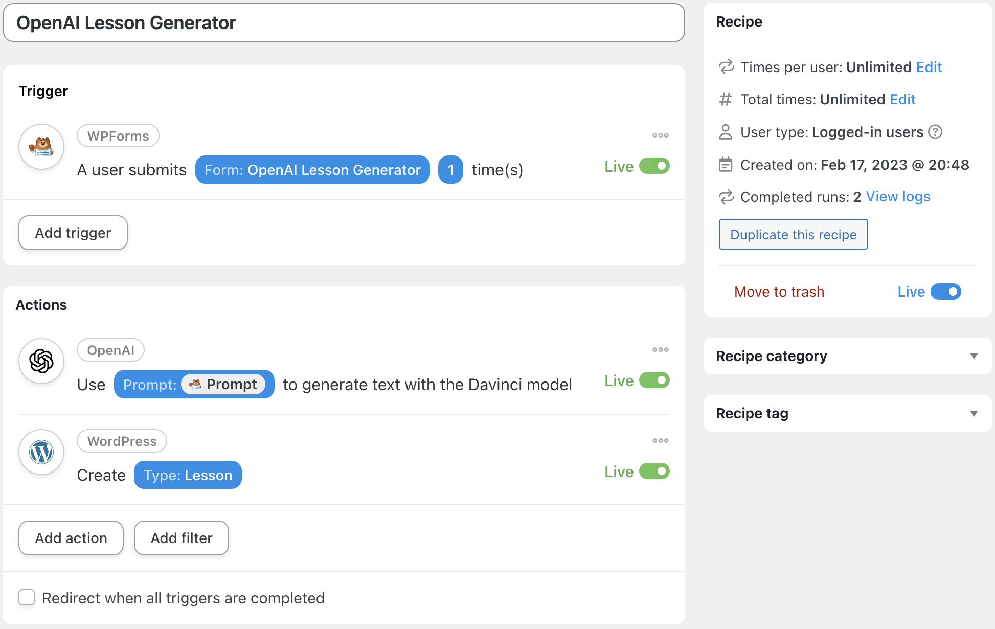 Using OpenAI and ChatGPT Models with LearnDash Automator OpenAI LearnDash Lesson Draft Recipe