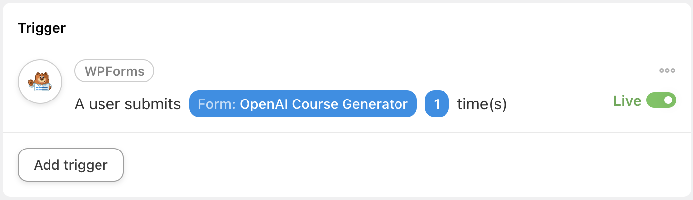 Automator WPForms Action A user submits a form Live