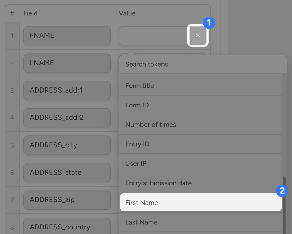 Mailchimp field mapping interface in Uncanny Automator. The user is selecting the token for “First Name” to populate the "FNAME" field from a dropdown list triggered by clicking the asterisk icon.