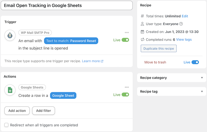 automator-wordpress-email tracking-opens-google-sheets-recipes