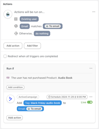 Screenshot of an ActiveCampaign Automator Action with the WooCommerce filter "A user has not purchased a specific product" and a Scheduled Delay.