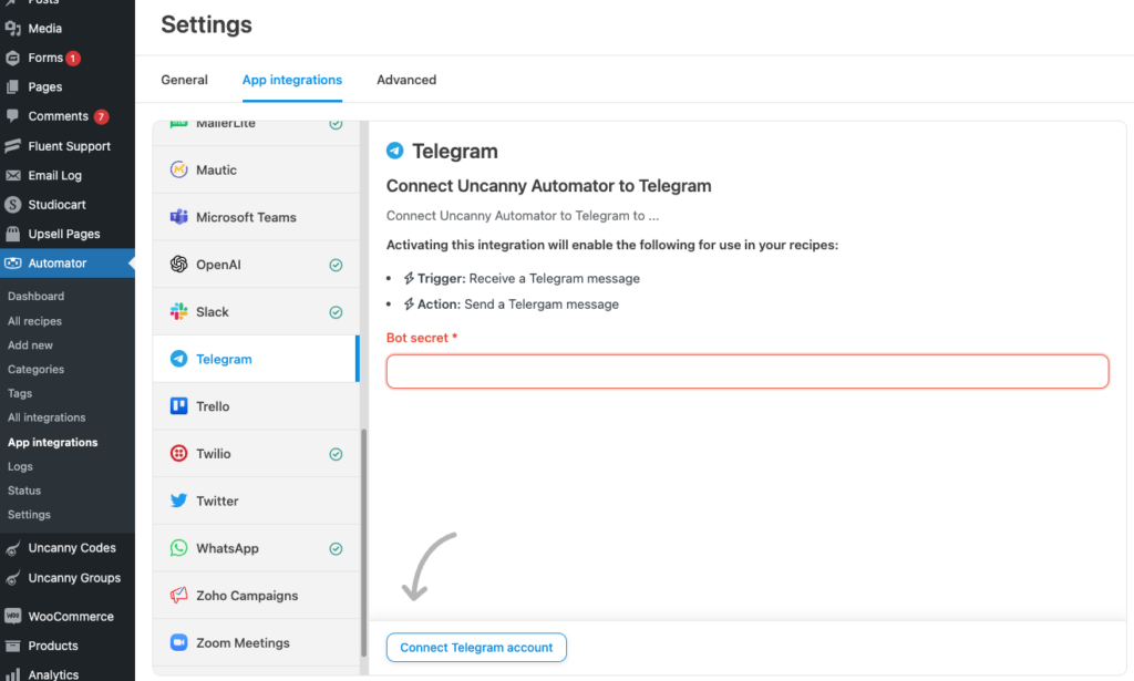 Automator Telegram settings