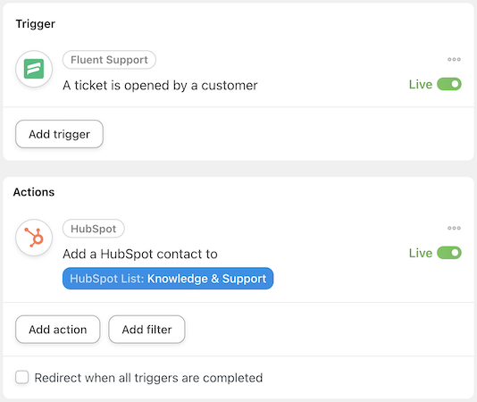 automator fluent support hubspot recipe