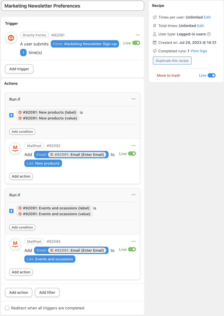 connect gravity forms to mailpoet recipe marketing newsletter sign up preferences