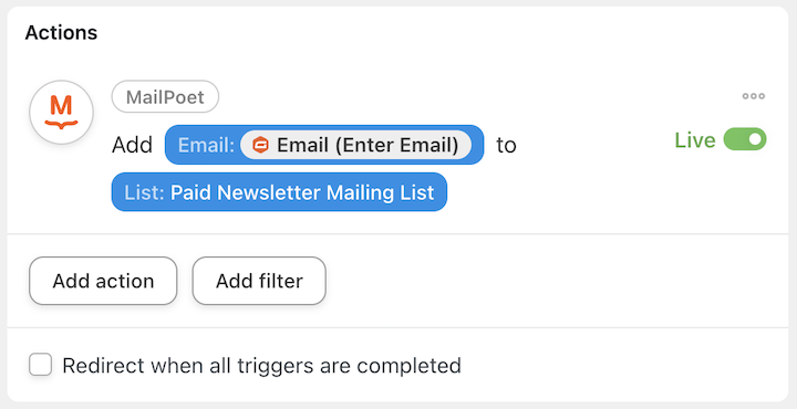 mailpoet action add the user to paid newsletter mailing list