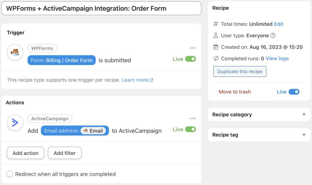 activecampaign wpforms integration with automator